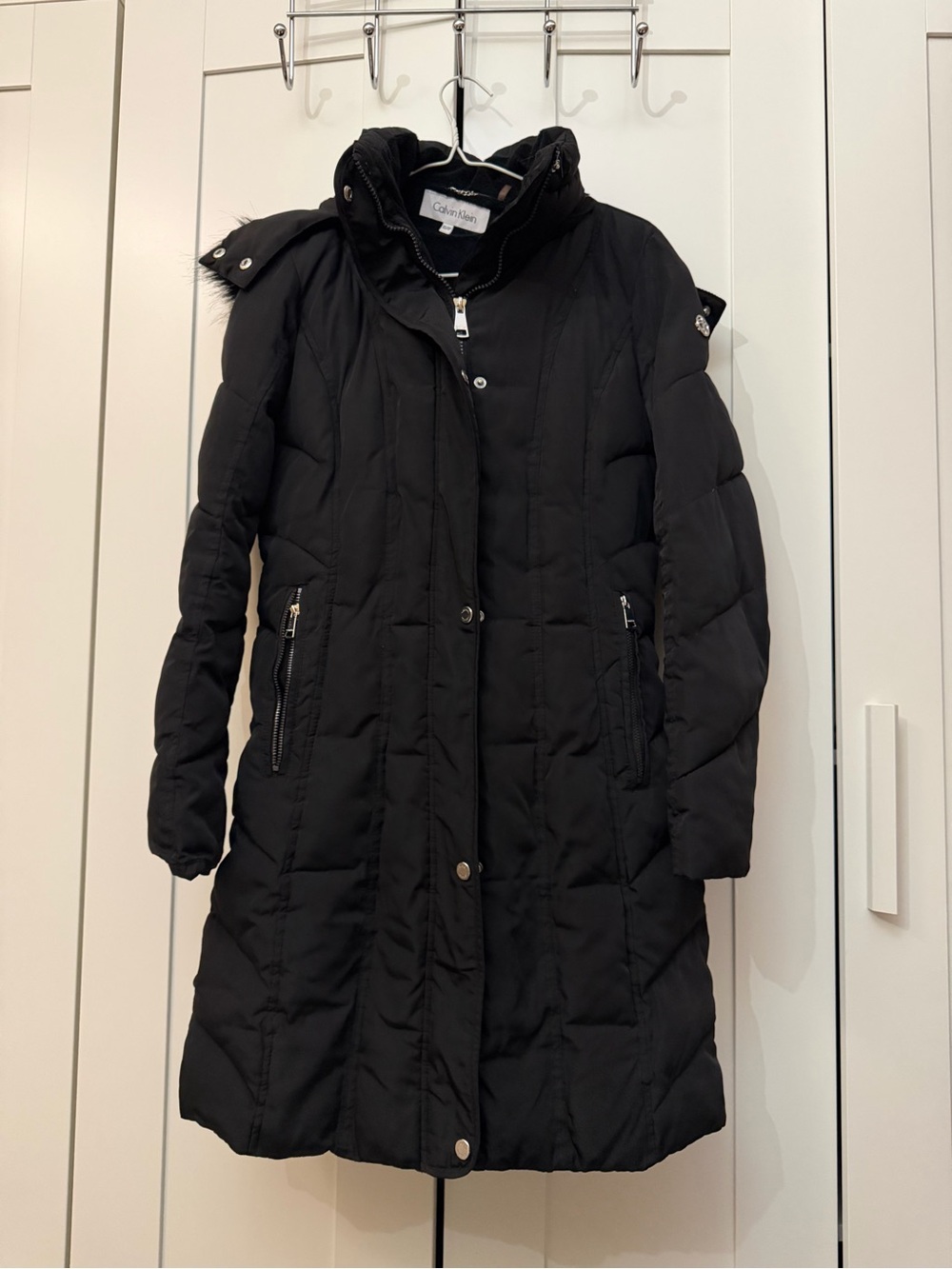 Calvin Klein Black Long Quilted Puffer Coat with Hood